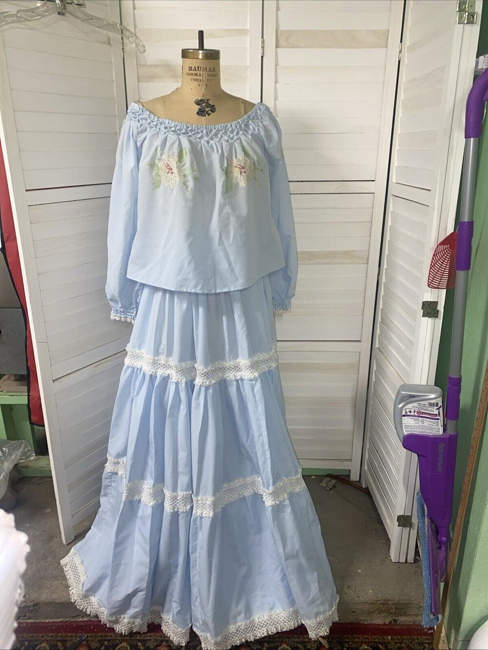 Handmade VTG 60s 70s Blue Cottagecore Country Set Maxi Skirt Blouse Sz Medium